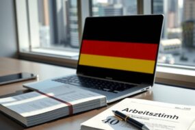 A professional, photorealistic image in a 16:9 aspect ratio. The scene is a modern, minimalist German office with a clean, organized desk as the focal point. On the desk, a sleek laptop is open, displaying a simplified, abstract graphic of the German flag merging with a bar chart. Next to it lies a printed copy of the "Gesetzbuch" (law book) with a section on "Arbeitszeit" (working hours) subtly highlighted. A classic, high-quality pen rests on a notepad where the number "40" is written neatly. In the soft background, out of focus, a blurred cityscape of Frankfurt with its skyscrapers is visible through a large window, symbolizing the stable economic environment. The lighting is bright, clear, and professional, casting soft shadows and emphasizing a sense of order, structure, and forward-looking stability. No human faces or text are visible.