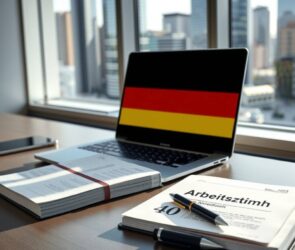 A professional, photorealistic image in a 16:9 aspect ratio. The scene is a modern, minimalist German office with a clean, organized desk as the focal point. On the desk, a sleek laptop is open, displaying a simplified, abstract graphic of the German flag merging with a bar chart. Next to it lies a printed copy of the "Gesetzbuch" (law book) with a section on "Arbeitszeit" (working hours) subtly highlighted. A classic, high-quality pen rests on a notepad where the number "40" is written neatly. In the soft background, out of focus, a blurred cityscape of Frankfurt with its skyscrapers is visible through a large window, symbolizing the stable economic environment. The lighting is bright, clear, and professional, casting soft shadows and emphasizing a sense of order, structure, and forward-looking stability. No human faces or text are visible.