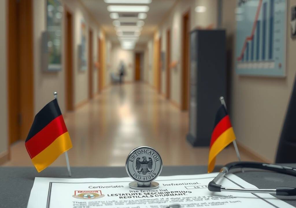 A photorealistic 16:9 image: A close-up of a professional document with a German official stamp and a certificate of recognition, placed on a modern office desk. Next to it, a stethoscope and a small German flag. In the background, slightly blurred, a hospital corridor and a chart showing an upward salary trend. Soft, professional lighting, neutral colors, no people or faces.