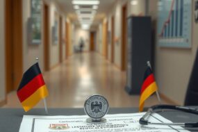 A photorealistic 16:9 image: A close-up of a professional document with a German official stamp and a certificate of recognition, placed on a modern office desk. Next to it, a stethoscope and a small German flag. In the background, slightly blurred, a hospital corridor and a chart showing an upward salary trend. Soft, professional lighting, neutral colors, no people or faces.