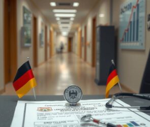 A photorealistic 16:9 image: A close-up of a professional document with a German official stamp and a certificate of recognition, placed on a modern office desk. Next to it, a stethoscope and a small German flag. In the background, slightly blurred, a hospital corridor and a chart showing an upward salary trend. Soft, professional lighting, neutral colors, no people or faces.