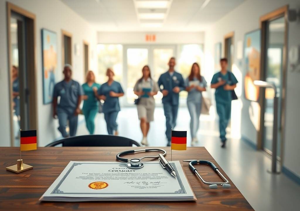 A photorealistic, wide-angle shot of a modern hospital corridor in Germany, 16:9 aspect ratio. A neatly arranged wooden desk in the foreground holds official documents, a German certificate with a gold seal, and a pen. Beside it, a stethoscope and a small German flag. In the background, a blurred, diverse team of healthcare professionals in scrubs walks confidently through a sunlit hallway with glass doors. Soft, natural light streams through large windows, casting warm tones. No text, no visible faces. Emphasizes professionalism, integration, and career opportunity.