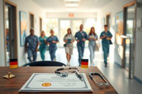 A photorealistic, wide-angle shot of a modern hospital corridor in Germany, 16:9 aspect ratio. A neatly arranged wooden desk in the foreground holds official documents, a German certificate with a gold seal, and a pen. Beside it, a stethoscope and a small German flag. In the background, a blurred, diverse team of healthcare professionals in scrubs walks confidently through a sunlit hallway with glass doors. Soft, natural light streams through large windows, casting warm tones. No text, no visible faces. Emphasizes professionalism, integration, and career opportunity.