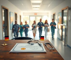 A photorealistic, wide-angle shot of a modern hospital corridor in Germany, 16:9 aspect ratio. A neatly arranged wooden desk in the foreground holds official documents, a German certificate with a gold seal, and a pen. Beside it, a stethoscope and a small German flag. In the background, a blurred, diverse team of healthcare professionals in scrubs walks confidently through a sunlit hallway with glass doors. Soft, natural light streams through large windows, casting warm tones. No text, no visible faces. Emphasizes professionalism, integration, and career opportunity.