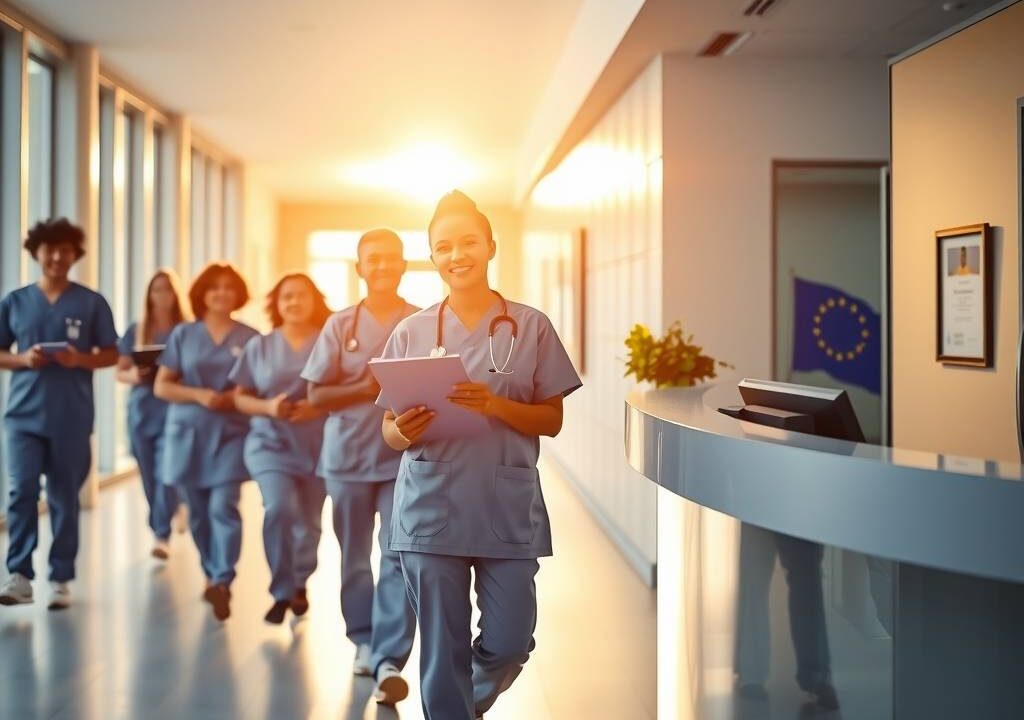 A photorealistic wide-angle shot of a modern German hospital corridor at sunrise, with soft natural light streaming through large windows. On the left, a diverse team of nurses in clean blue scrubs walks confidently together, one holding a clipboard and another adjusting a stethoscope. On the right, a sleek information desk displays a glowing European Union flag and a German coat of arms symbol. In the background, a blurred glass door reveals a neatly arranged office with a certificate framed on the wall. The atmosphere is professional, warm, and forward-looking, emphasizing career growth, recognition, and opportunity. 16:9 aspect ratio, no text, no visible faces.