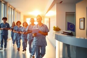 A photorealistic wide-angle shot of a modern German hospital corridor at sunrise, with soft natural light streaming through large windows. On the left, a diverse team of nurses in clean blue scrubs walks confidently together, one holding a clipboard and another adjusting a stethoscope. On the right, a sleek information desk displays a glowing European Union flag and a German coat of arms symbol. In the background, a blurred glass door reveals a neatly arranged office with a certificate framed on the wall. The atmosphere is professional, warm, and forward-looking, emphasizing career growth, recognition, and opportunity. 16:9 aspect ratio, no text, no visible faces.