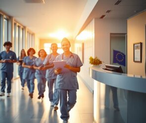 A photorealistic wide-angle shot of a modern German hospital corridor at sunrise, with soft natural light streaming through large windows. On the left, a diverse team of nurses in clean blue scrubs walks confidently together, one holding a clipboard and another adjusting a stethoscope. On the right, a sleek information desk displays a glowing European Union flag and a German coat of arms symbol. In the background, a blurred glass door reveals a neatly arranged office with a certificate framed on the wall. The atmosphere is professional, warm, and forward-looking, emphasizing career growth, recognition, and opportunity. 16:9 aspect ratio, no text, no visible faces.