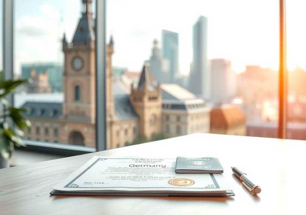 A professional photorealistic image in 16:9 format. A bright, modern office environment in Germany, with a clean wooden desk in the foreground. On the desk, a neatly arranged set of documents, including a certificate with a German seal, a passport, and a pen. In the background, a blurred view of a city skyline with historic German architecture and modern buildings, symbolizing career opportunities. Soft natural light streams through a large window, creating a calm and optimistic atmosphere. No text, no faces.