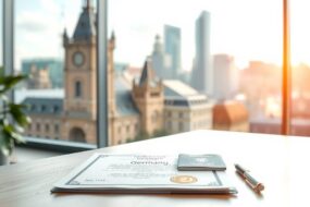 A professional photorealistic image in 16:9 format. A bright, modern office environment in Germany, with a clean wooden desk in the foreground. On the desk, a neatly arranged set of documents, including a certificate with a German seal, a passport, and a pen. In the background, a blurred view of a city skyline with historic German architecture and modern buildings, symbolizing career opportunities. Soft natural light streams through a large window, creating a calm and optimistic atmosphere. No text, no faces.