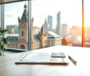 A professional photorealistic image in 16:9 format. A bright, modern office environment in Germany, with a clean wooden desk in the foreground. On the desk, a neatly arranged set of documents, including a certificate with a German seal, a passport, and a pen. In the background, a blurred view of a city skyline with historic German architecture and modern buildings, symbolizing career opportunities. Soft natural light streams through a large window, creating a calm and optimistic atmosphere. No text, no faces.