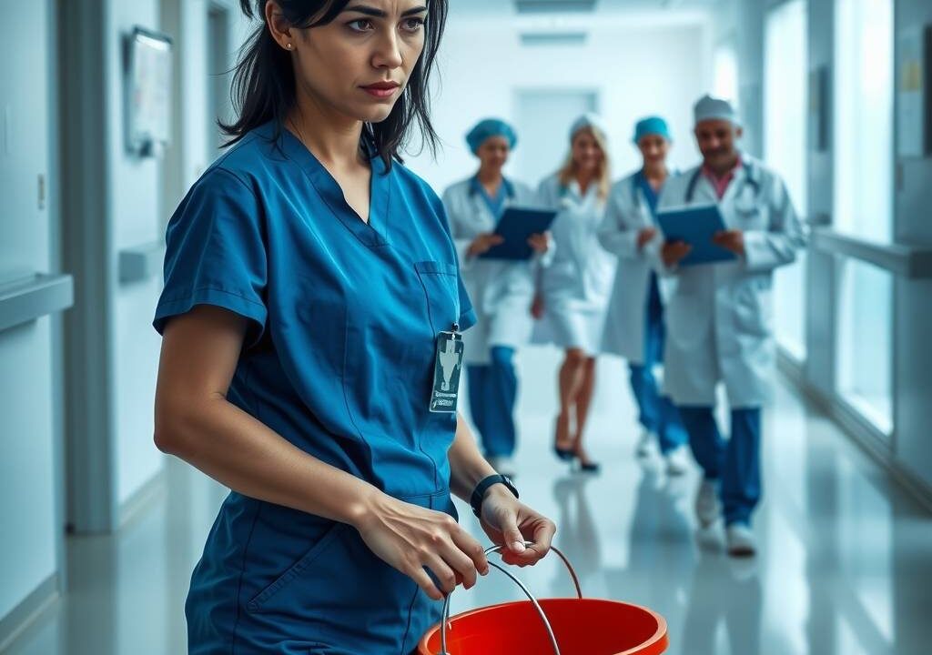 A photorealistic wide shot, 16:9 aspect ratio. A hospital corridor in soft, cool lighting. A woman with dark hair wearing blue medical scrubs is in the foreground, holding a mop and bucket, her posture slightly weary. In the blurred background, a group of doctors and nurses in white coats and surgical caps walk confidently together, one holding a tablet. The contrast between the foreground and background highlights the difference in roles. No visible text, no visible faces.