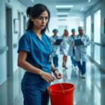 A photorealistic wide shot, 16:9 aspect ratio. A hospital corridor in soft, cool lighting. A woman with dark hair wearing blue medical scrubs is in the foreground, holding a mop and bucket, her posture slightly weary. In the blurred background, a group of doctors and nurses in white coats and surgical caps walk confidently together, one holding a tablet. The contrast between the foreground and background highlights the difference in roles. No visible text, no visible faces.