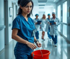 A photorealistic wide shot, 16:9 aspect ratio. A hospital corridor in soft, cool lighting. A woman with dark hair wearing blue medical scrubs is in the foreground, holding a mop and bucket, her posture slightly weary. In the blurred background, a group of doctors and nurses in white coats and surgical caps walk confidently together, one holding a tablet. The contrast between the foreground and background highlights the difference in roles. No visible text, no visible faces.