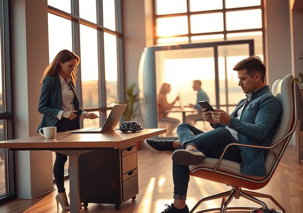 A photorealistic wide-angle view of a modern co-working space at golden hour. On the left, a woman in professional attire works on a laptop at a standing desk with a cup of coffee, soft natural light streaming through floor-to-ceiling windows. On the right, a man sits on a minimalist lounge chair reviewing documents on a tablet, with a bicycle helmet resting nearby, suggesting a flexible commute. In the background, blurred figures collaborate in a sunlit meeting pod. The scene balances productivity and freedom, with clean lines, warm wood tones, and abstract time-tracking symbols subtly integrated into the decor. 16:9 aspect ratio, hyper-detailed, soft shadows, no text, no visible faces.