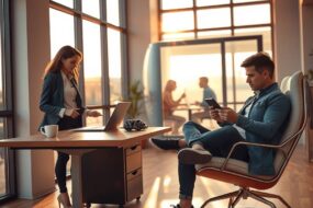 A photorealistic wide-angle view of a modern co-working space at golden hour. On the left, a woman in professional attire works on a laptop at a standing desk with a cup of coffee, soft natural light streaming through floor-to-ceiling windows. On the right, a man sits on a minimalist lounge chair reviewing documents on a tablet, with a bicycle helmet resting nearby, suggesting a flexible commute. In the background, blurred figures collaborate in a sunlit meeting pod. The scene balances productivity and freedom, with clean lines, warm wood tones, and abstract time-tracking symbols subtly integrated into the decor. 16:9 aspect ratio, hyper-detailed, soft shadows, no text, no visible faces.