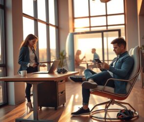 A photorealistic wide-angle view of a modern co-working space at golden hour. On the left, a woman in professional attire works on a laptop at a standing desk with a cup of coffee, soft natural light streaming through floor-to-ceiling windows. On the right, a man sits on a minimalist lounge chair reviewing documents on a tablet, with a bicycle helmet resting nearby, suggesting a flexible commute. In the background, blurred figures collaborate in a sunlit meeting pod. The scene balances productivity and freedom, with clean lines, warm wood tones, and abstract time-tracking symbols subtly integrated into the decor. 16:9 aspect ratio, hyper-detailed, soft shadows, no text, no visible faces.