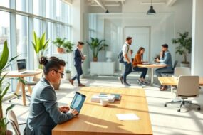 A photorealistic wide shot of a modern, sunlit coworking space at 8:15 AM, with one young professional in a business-casual outfit sitting at a sleek wooden desk, working on a laptop while another casually arrives with a coffee cup. In the background, a diverse team of professionals is seen collaborating in a bright, plant-filled area with glass walls and ergonomic furniture. The scene conveys a calm, productive, and flexible work atmosphere, with soft shadows and a clean, minimalist design.