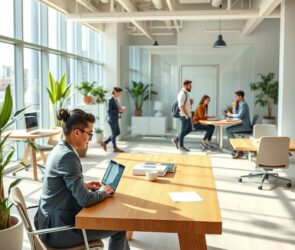 A photorealistic wide shot of a modern, sunlit coworking space at 8:15 AM, with one young professional in a business-casual outfit sitting at a sleek wooden desk, working on a laptop while another casually arrives with a coffee cup. In the background, a diverse team of professionals is seen collaborating in a bright, plant-filled area with glass walls and ergonomic furniture. The scene conveys a calm, productive, and flexible work atmosphere, with soft shadows and a clean, minimalist design.