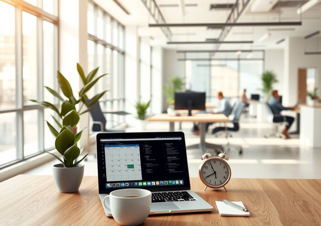 A high-end corporate office interior, wide-angle 16:9 composition, photorealistic style, soft natural daylight streaming through large windows, a minimalist wooden desk with a laptop showing a calendar grid, a cup of coffee, and a small analog clock beside a plant, blurred background showing an open-plan workspace with diverse professionals working individually, warm neutral tones and clean lines, no people visible in the foreground, no text or faces, calm and professional atmosphere.