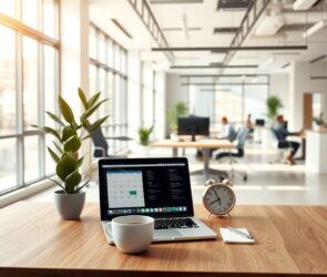 A high-end corporate office interior, wide-angle 16:9 composition, photorealistic style, soft natural daylight streaming through large windows, a minimalist wooden desk with a laptop showing a calendar grid, a cup of coffee, and a small analog clock beside a plant, blurred background showing an open-plan workspace with diverse professionals working individually, warm neutral tones and clean lines, no people visible in the foreground, no text or faces, calm and professional atmosphere.