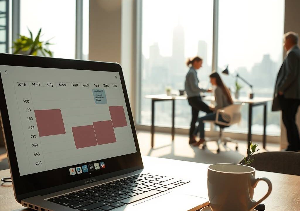 A photorealistic wide-angle view of a modern, sunlit co-working space. In the foreground, an open laptop shows a digital calendar with overlapping time blocks and shifting schedules, symbolizing flexible hours. On the desk, a steaming coffee cup and a small plant suggest a balanced work-life environment. The background includes two blurred figures: one working at a standing desk near a glass wall with city skyline visible outside, and another quietly leaving the office with a jacket, representing staggered shifts. The lighting is warm and natural, with minimal furniture and clean architectural lines. No text, no visible faces.