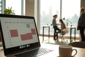 A photorealistic wide-angle view of a modern, sunlit co-working space. In the foreground, an open laptop shows a digital calendar with overlapping time blocks and shifting schedules, symbolizing flexible hours. On the desk, a steaming coffee cup and a small plant suggest a balanced work-life environment. The background includes two blurred figures: one working at a standing desk near a glass wall with city skyline visible outside, and another quietly leaving the office with a jacket, representing staggered shifts. The lighting is warm and natural, with minimal furniture and clean architectural lines. No text, no visible faces.