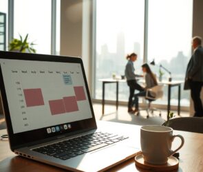 A photorealistic wide-angle view of a modern, sunlit co-working space. In the foreground, an open laptop shows a digital calendar with overlapping time blocks and shifting schedules, symbolizing flexible hours. On the desk, a steaming coffee cup and a small plant suggest a balanced work-life environment. The background includes two blurred figures: one working at a standing desk near a glass wall with city skyline visible outside, and another quietly leaving the office with a jacket, representing staggered shifts. The lighting is warm and natural, with minimal furniture and clean architectural lines. No text, no visible faces.