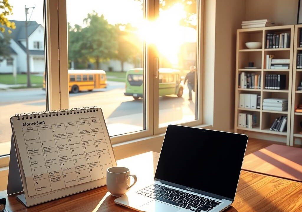 A bright, modern home office space with a warm morning glow. A laptop is open on a wooden desk, a steaming coffee cup beside it, and a calendar showing a flexible schedule with varied start times. Sunlight streams in from a large window overlooking a quiet suburban street, with a school bus visible in the distance. In the background, a yoga mat is rolled out near a bookshelf with legal reference books and business documents. The scene is calm, organized, and professional, emphasizing freedom and balance. Photorealistic style, 16:9 aspect ratio, no text visible, no faces.
