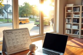 A bright, modern home office space with a warm morning glow. A laptop is open on a wooden desk, a steaming coffee cup beside it, and a calendar showing a flexible schedule with varied start times. Sunlight streams in from a large window overlooking a quiet suburban street, with a school bus visible in the distance. In the background, a yoga mat is rolled out near a bookshelf with legal reference books and business documents. The scene is calm, organized, and professional, emphasizing freedom and balance. Photorealistic style, 16:9 aspect ratio, no text visible, no faces.