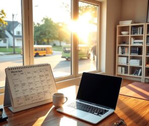 A bright, modern home office space with a warm morning glow. A laptop is open on a wooden desk, a steaming coffee cup beside it, and a calendar showing a flexible schedule with varied start times. Sunlight streams in from a large window overlooking a quiet suburban street, with a school bus visible in the distance. In the background, a yoga mat is rolled out near a bookshelf with legal reference books and business documents. The scene is calm, organized, and professional, emphasizing freedom and balance. Photorealistic style, 16:9 aspect ratio, no text visible, no faces.