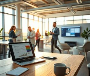 A wide, modern open-plan office in Germany, captured at golden hour with soft natural light streaming through floor-to-ceiling windows. In the foreground, a clean wooden desk holds a laptop displaying spreadsheets and a steaming coffee cup, alongside a tablet and a sleek smartphone. In the midground, diverse colleagues—one standing near a whiteboard with colorful sticky notes, another reviewing a tablet while walking—engage in focused digital collaboration. The background reveals a minimalist breakout area with plants, ergonomic chairs, and a monitor showing a project dashboard. The atmosphere is bright, organized, and forward-looking, emphasizing digital workflows and teamwork. Photorealistic, 16:9 aspect ratio, no text, no visible faces.
