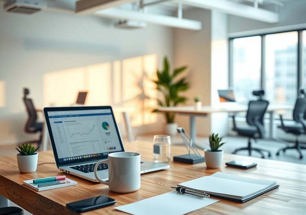 A professional German office space in a bright, modern, minimalist setting. A wooden desk holds a laptop showing a spreadsheet and a steaming coffee cup. Organized stationery, a smartphone, and a small plant are nearby. Natural window light falls on a clean beige wall. A blurred background reveals an open-plan office with ergonomic chairs and soft warm lighting. Photorealistic, high detail, 16:9 aspect ratio, no text, no faces.