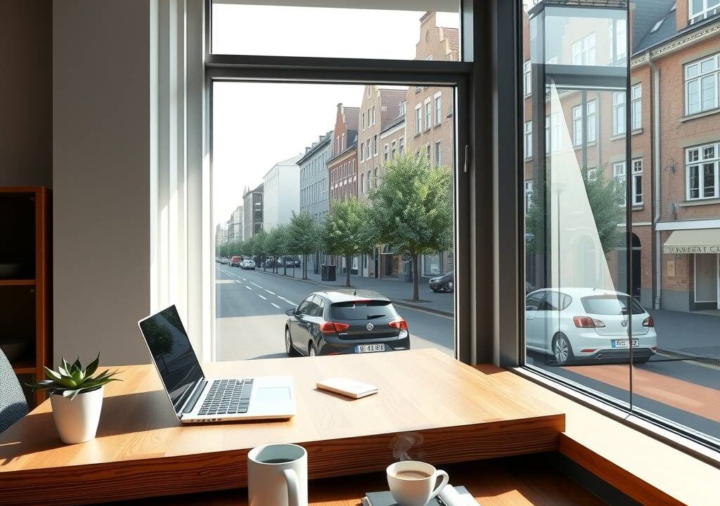 A photorealistic 16:9 image of a modern office workspace in Germany, featuring a sleek wooden desk with a laptop, a steaming coffee mug, and a small succulent plant. Natural light streams through a large window, casting soft shadows on a clean, minimalistic interior with neutral colors and a view of a typical German city street with brick buildings and trees. No text, no faces.