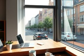 A photorealistic 16:9 image of a modern office workspace in Germany, featuring a sleek wooden desk with a laptop, a steaming coffee mug, and a small succulent plant. Natural light streams through a large window, casting soft shadows on a clean, minimalistic interior with neutral colors and a view of a typical German city street with brick buildings and trees. No text, no faces.