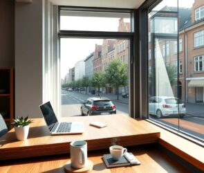 A photorealistic 16:9 image of a modern office workspace in Germany, featuring a sleek wooden desk with a laptop, a steaming coffee mug, and a small succulent plant. Natural light streams through a large window, casting soft shadows on a clean, minimalistic interior with neutral colors and a view of a typical German city street with brick buildings and trees. No text, no faces.