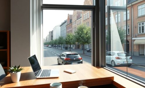 A photorealistic 16:9 image of a modern office workspace in Germany, featuring a sleek wooden desk with a laptop, a steaming coffee mug, and a small succulent plant. Natural light streams through a large window, casting soft shadows on a clean, minimalistic interior with neutral colors and a view of a typical German city street with brick buildings and trees. No text, no faces.