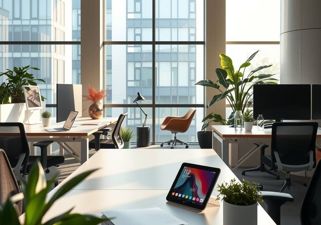 A sleek, modern office interior in Germany, featuring an open-plan workspace with ergonomic desks and chairs, soft natural light streaming through large windows, a mix of traditional paperwork and digital screens, plants adding greenery, and a calm professional atmosphere. The setting includes elements of stability and innovation: a subtle view of a corporate building exterior through the window, a stack of files alongside a tablet, and a cozy home-office corner in the background, symbolizing flexible work models. Photorealistic style, 16:9 aspect ratio, no text, no visible faces.