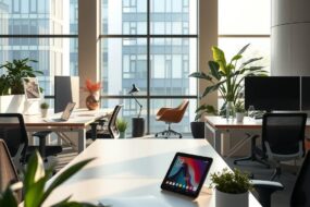 A sleek, modern office interior in Germany, featuring an open-plan workspace with ergonomic desks and chairs, soft natural light streaming through large windows, a mix of traditional paperwork and digital screens, plants adding greenery, and a calm professional atmosphere. The setting includes elements of stability and innovation: a subtle view of a corporate building exterior through the window, a stack of files alongside a tablet, and a cozy home-office corner in the background, symbolizing flexible work models. Photorealistic style, 16:9 aspect ratio, no text, no visible faces.