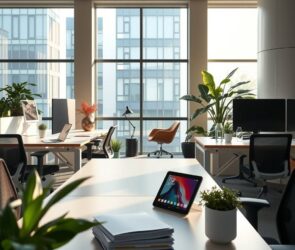 A sleek, modern office interior in Germany, featuring an open-plan workspace with ergonomic desks and chairs, soft natural light streaming through large windows, a mix of traditional paperwork and digital screens, plants adding greenery, and a calm professional atmosphere. The setting includes elements of stability and innovation: a subtle view of a corporate building exterior through the window, a stack of files alongside a tablet, and a cozy home-office corner in the background, symbolizing flexible work models. Photorealistic style, 16:9 aspect ratio, no text, no visible faces.