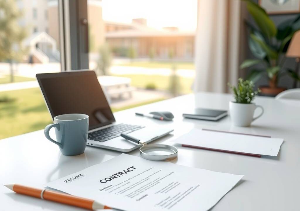 A photorealistic 16:9 scene depicting a sleek modern desk setup with a laptop and scattered documents like a contract and a resume, a magnifying glass resting over a section on salary details, a coffee cup beside a small plant, and soft natural light streaming through a window, with a subtle university campus blurring in the background, evoking a professional yet student-focused atmosphere. No text, no faces.