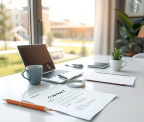 A photorealistic 16:9 scene depicting a sleek modern desk setup with a laptop and scattered documents like a contract and a resume, a magnifying glass resting over a section on salary details, a coffee cup beside a small plant, and soft natural light streaming through a window, with a subtle university campus blurring in the background, evoking a professional yet student-focused atmosphere. No text, no faces.