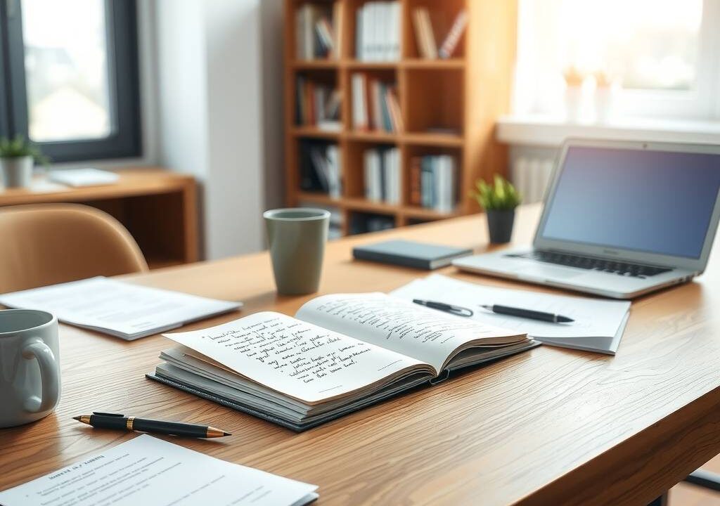 A photorealistic wide shot in 16:9 aspect ratio. A clean, modern wooden desk in a bright office or study room. At the center, an open notebook with handwritten notes and a pen next to it. To one side, a coffee cup and a small plant. On the desk, several documents and a laptop with a subtle screen glow. In the background, a blurred bookshelf and a soft window light. The scene conveys professionalism, preparation, and guidance. No text, no faces, no people.