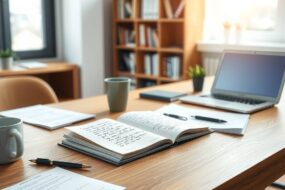 A photorealistic wide shot in 16:9 aspect ratio. A clean, modern wooden desk in a bright office or study room. At the center, an open notebook with handwritten notes and a pen next to it. To one side, a coffee cup and a small plant. On the desk, several documents and a laptop with a subtle screen glow. In the background, a blurred bookshelf and a soft window light. The scene conveys professionalism, preparation, and guidance. No text, no faces, no people.