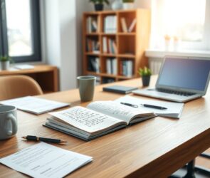 A photorealistic wide shot in 16:9 aspect ratio. A clean, modern wooden desk in a bright office or study room. At the center, an open notebook with handwritten notes and a pen next to it. To one side, a coffee cup and a small plant. On the desk, several documents and a laptop with a subtle screen glow. In the background, a blurred bookshelf and a soft window light. The scene conveys professionalism, preparation, and guidance. No text, no faces, no people.