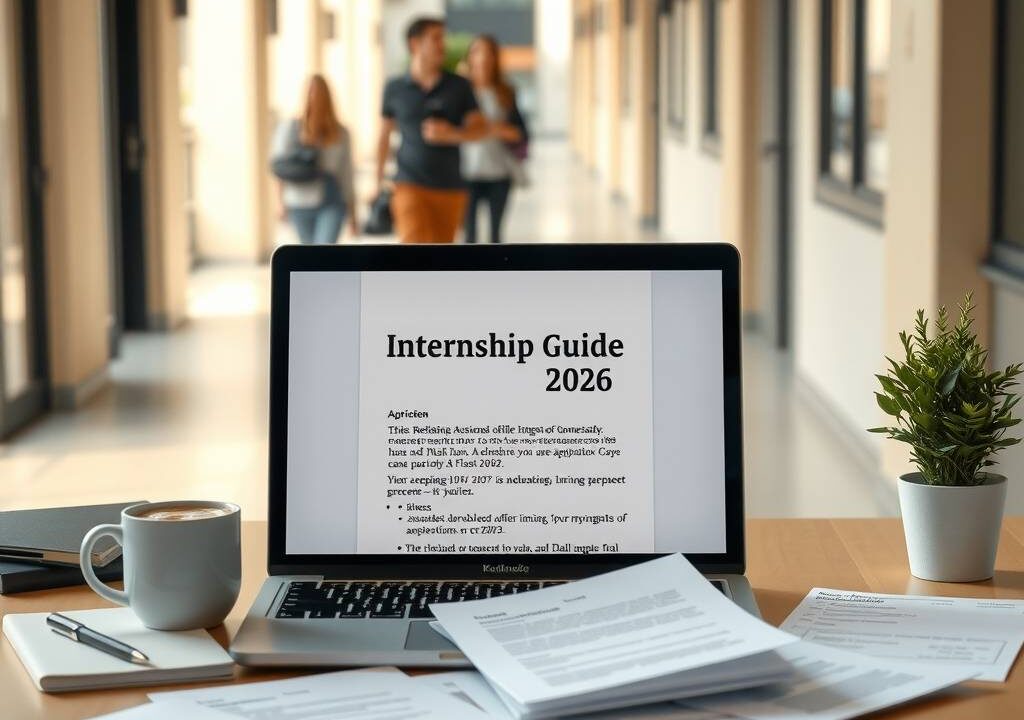 A photorealistic image in 16:9 format: a modern, minimalist desk setup with a laptop open to a document titled "Internship Guide 2026" on screen, surrounded by scattered application papers, a coffee cup, and a small plant. In the background, a blurred university campus corridor with students walking, symbolizing the transition from study to career. Soft natural lighting, warm tones, no text or faces visible.