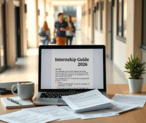 A photorealistic image in 16:9 format: a modern, minimalist desk setup with a laptop open to a document titled "Internship Guide 2026" on screen, surrounded by scattered application papers, a coffee cup, and a small plant. In the background, a blurred university campus corridor with students walking, symbolizing the transition from study to career. Soft natural lighting, warm tones, no text or faces visible.