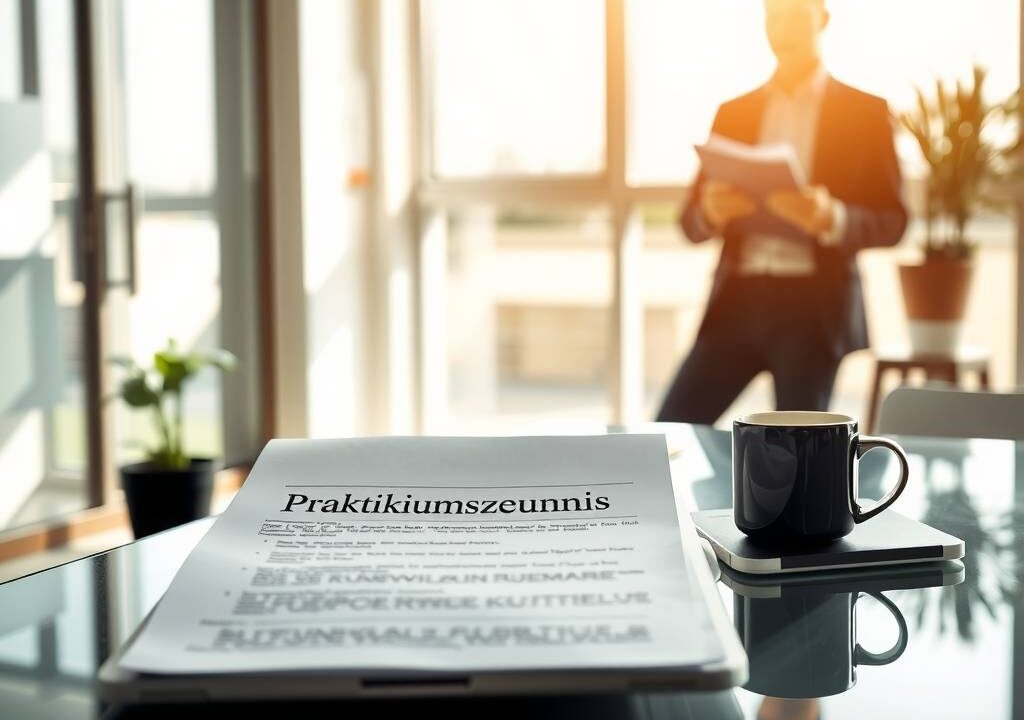 A photorealistic wide shot of a modern, sunlit office interior with a glass desk in the foreground, featuring an open laptop, a printed document titled “Praktikumszeugnis,” and a coffee cup. In the background, a blurred young professional in a business casual outfit is standing near a window, reviewing a clipboard. The scene conveys professionalism, career development, and legal awareness, with soft natural lighting and clean, minimalist decor.