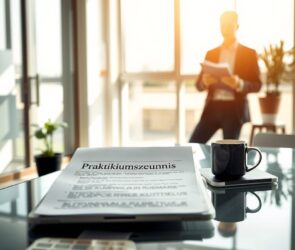 A photorealistic wide shot of a modern, sunlit office interior with a glass desk in the foreground, featuring an open laptop, a printed document titled “Praktikumszeugnis,” and a coffee cup. In the background, a blurred young professional in a business casual outfit is standing near a window, reviewing a clipboard. The scene conveys professionalism, career development, and legal awareness, with soft natural lighting and clean, minimalist decor.