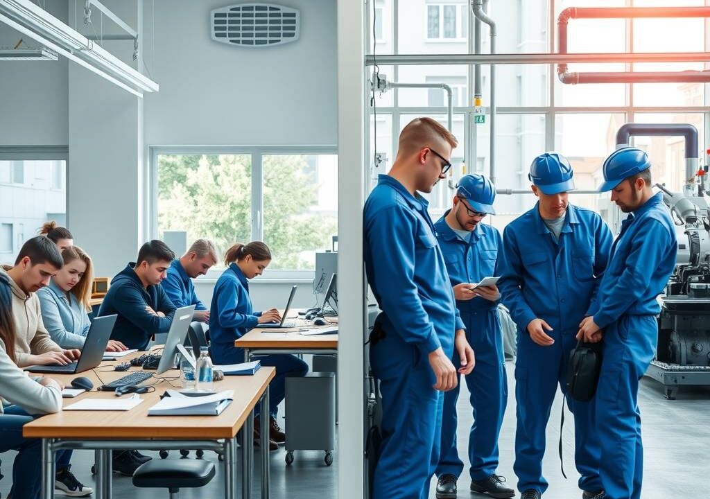 A photorealistic 16:9 image showing a modern German vocational school classroom on the left side, with young students of diverse backgrounds working on technical equipment or laptops. On the right side, a clean, bright industrial workshop setting with apprentices in blue workwear collaborating with a skilled mentor near machinery. Natural daylight streams through large windows. The scene conveys professionalism, learning, and opportunity. No text, no visible faces.