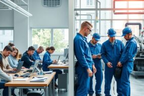 A photorealistic 16:9 image showing a modern German vocational school classroom on the left side, with young students of diverse backgrounds working on technical equipment or laptops. On the right side, a clean, bright industrial workshop setting with apprentices in blue workwear collaborating with a skilled mentor near machinery. Natural daylight streams through large windows. The scene conveys professionalism, learning, and opportunity. No text, no visible faces.